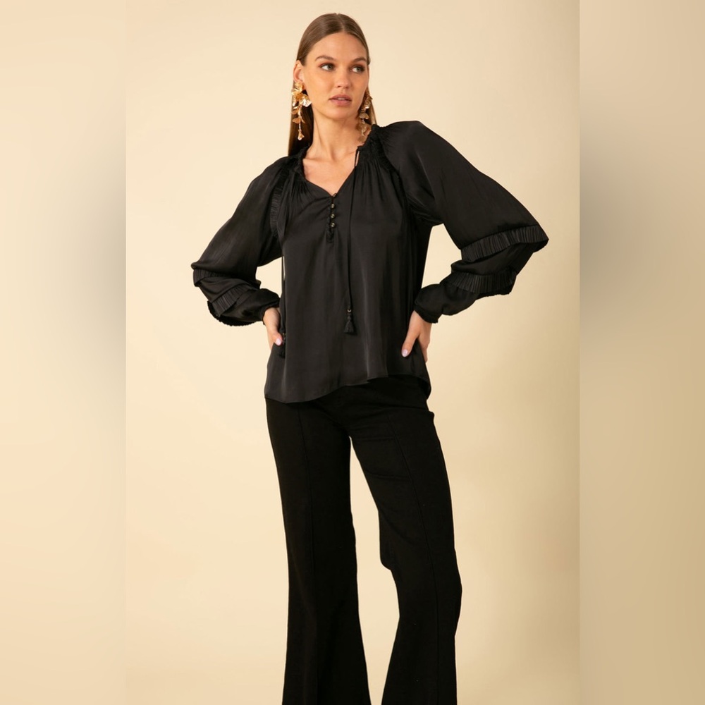 Hale Bob Black Blouse with Ruffled Details Demi Solid Top Women’s XS